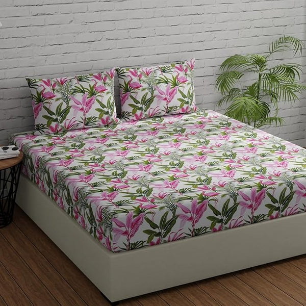 Huesland By Ahmedabad Cotton 144 TC King Size Bedsheet Set – 108x108 Inches, 100% Cotton, White & Green Botanical Print, Includes 2 Pillow Covers