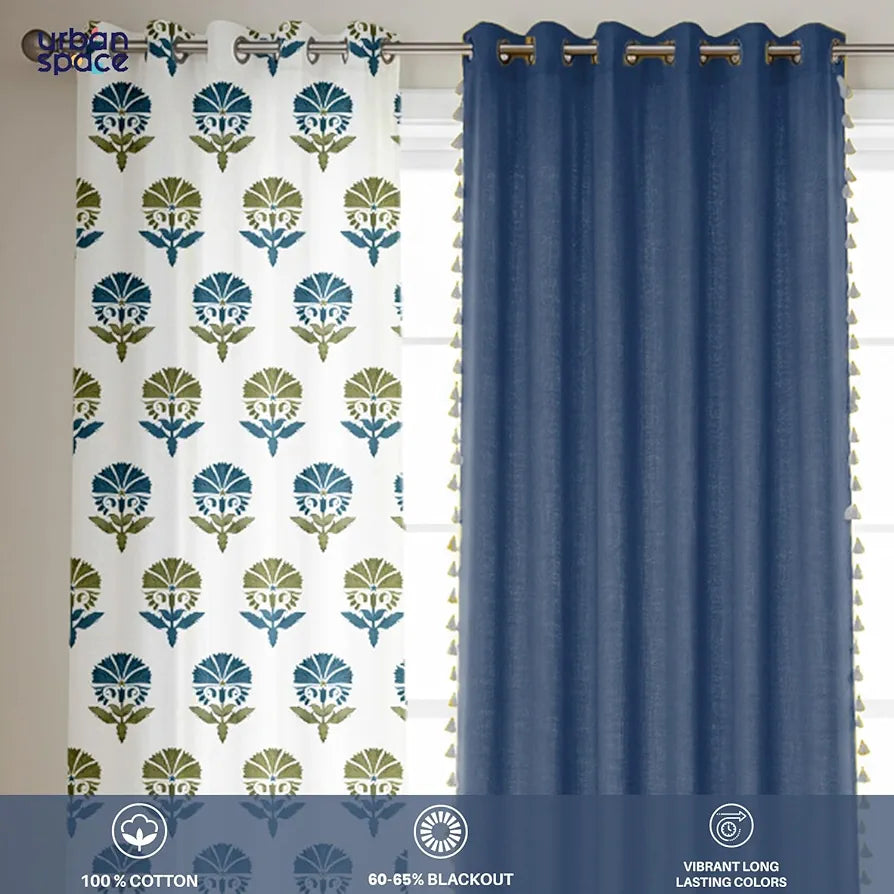 Urban Space 100% Cotton Curtains for Door, Combo Set of 3 Curtains 7 feet Long, 60-65% Room Darkening Curtain, Tieback & Eyelets Included with Curtains for Home Decor 