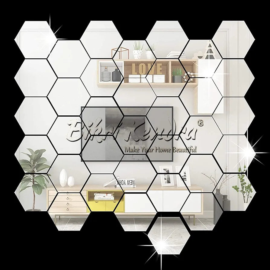 Bikri Kendra - 22 Hexagon With 20 Butterfly Silver Mirror Wall Stickers, Acrylic Hexagonal Decor for Walls