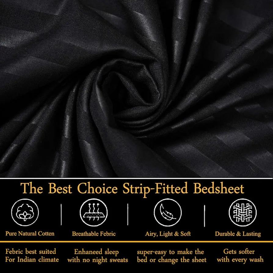 FRESH FROM LOOM Satin Striped Soft Fitted Bedsheet King Size Bed with Two Pillow Cover|Elastic Fitted Bed Sheets|Mattress Tuck in Bed Covers,240 TC,Black