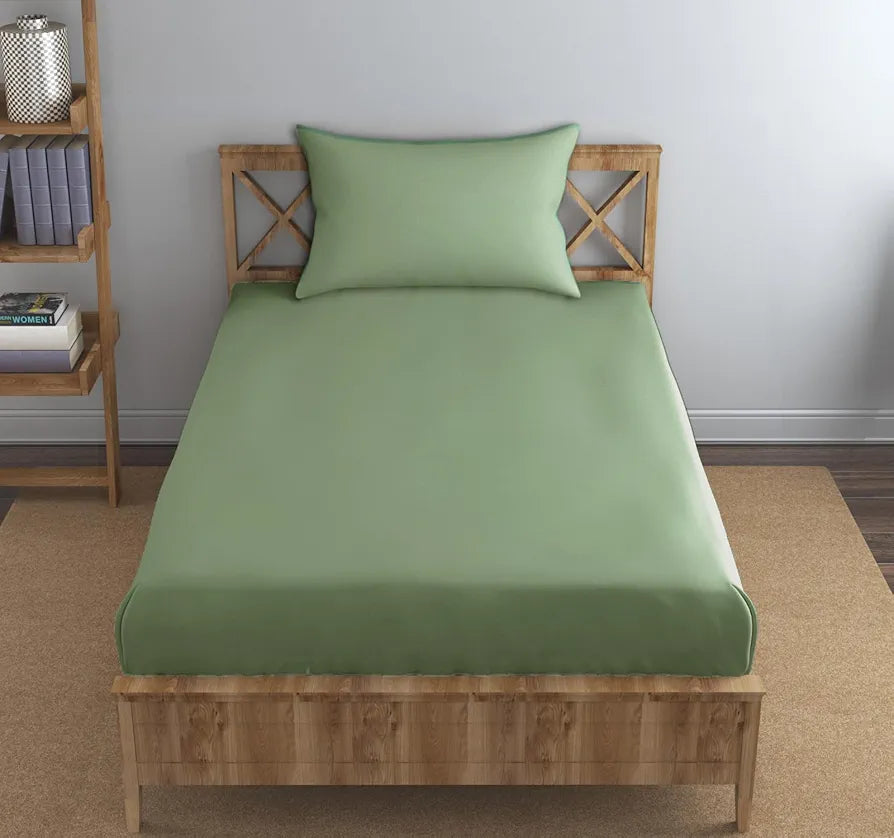 Trance Home Linen Premium 300 Tc Pure 100% Cotton Solid Single Size Fitted Bedsheet with 1 Pillow Cover,Small Single