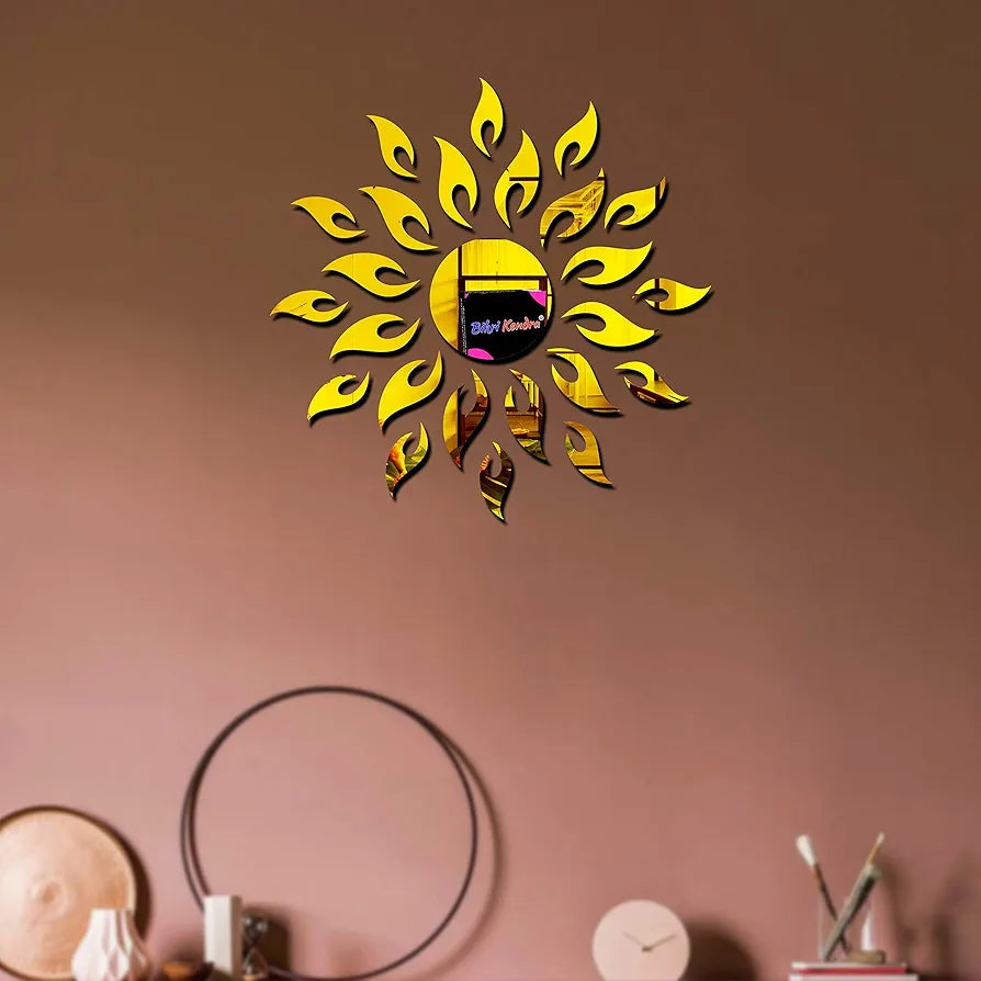 Bikri Kendra - Sun Golden with 24 Square 3D Mirror Acrylic Wall Stickers 