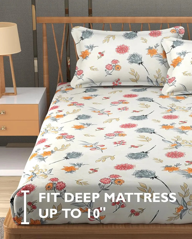 FRESH FROM LOOM Hypoallergenic Floral Print 240 TC Microfiber King Size Fitted Bedsheet Set with 2 Pillow Covers  | Pastel-Cream)