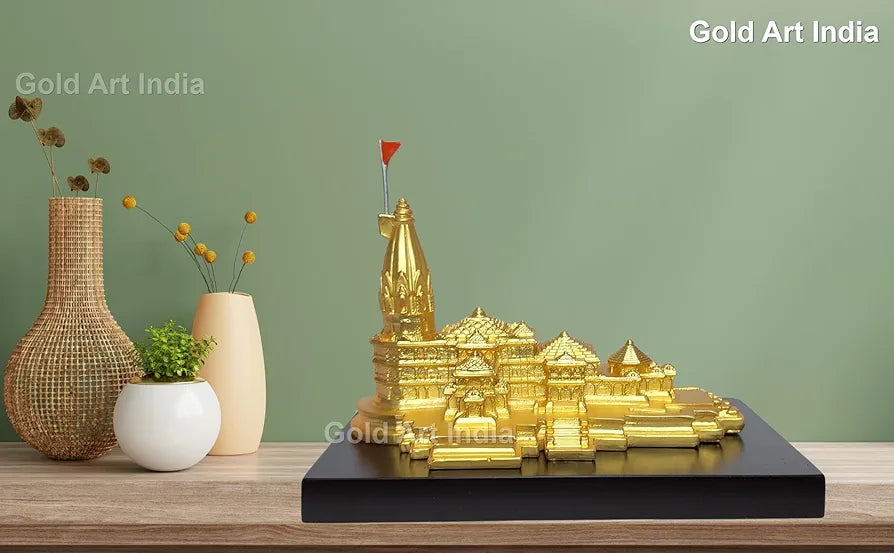 Gold Art India Ram Mandir Ayodhya Gold Plated Matte 24 Karat - Minature for Gifting, Puja Room, Office Desk, Home Decor 