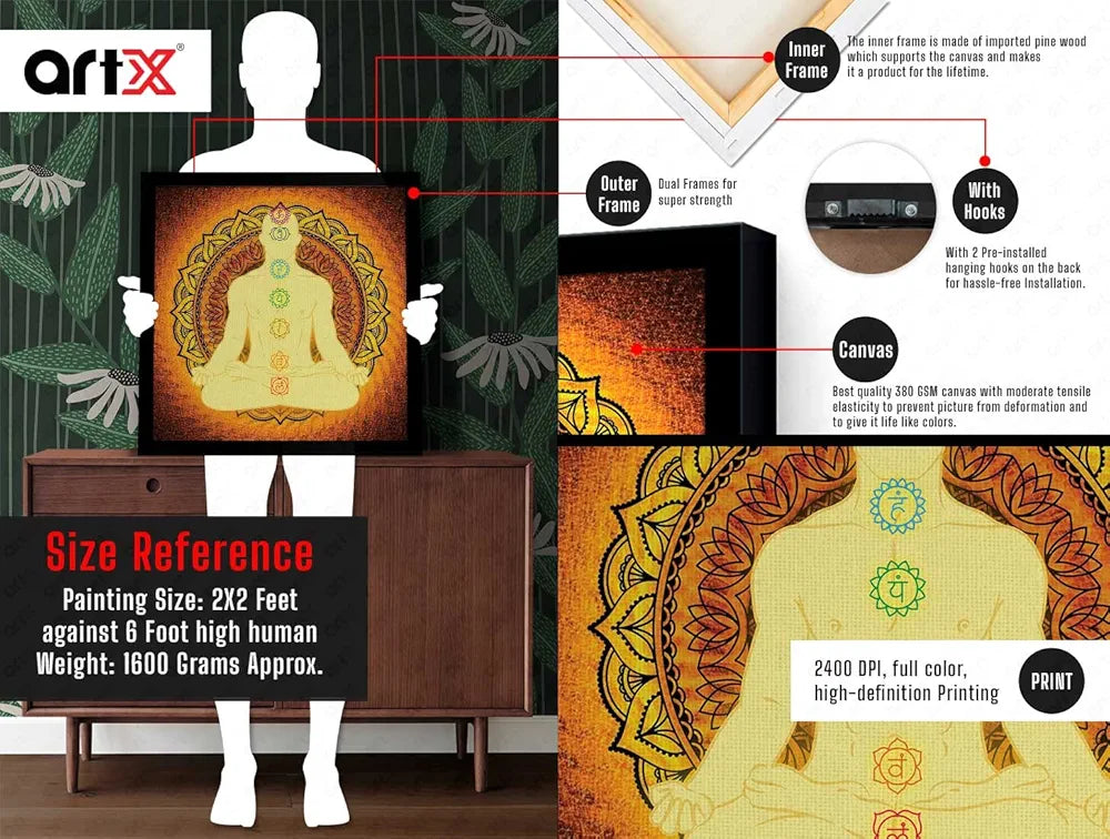 ArtX Yoga Meditation Big Canvas Painting For Living Room With Frame, Multicolour, Square, 24.0 x 24.0 inch, 2x2 Feet, Set Of 1