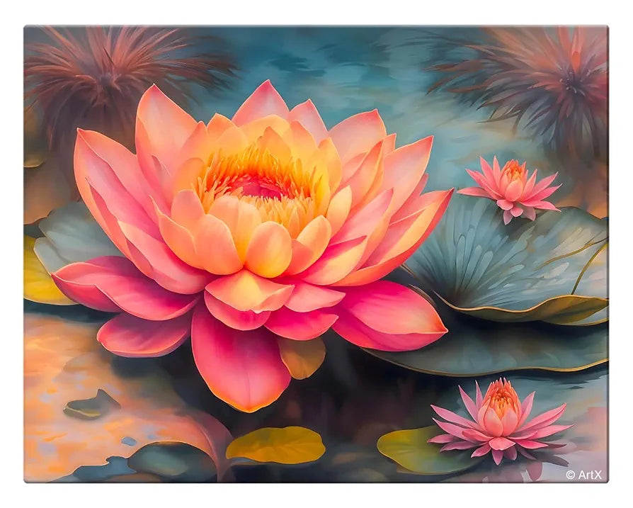 ArtX Canvas Bloomed Lotus Painting For Vastu, Big Size Wall Art, Lotus Painting For Wall Vastu, Wall Decor, Multicolor, Nature, 58.0 X 45.0 cm, Set of 1