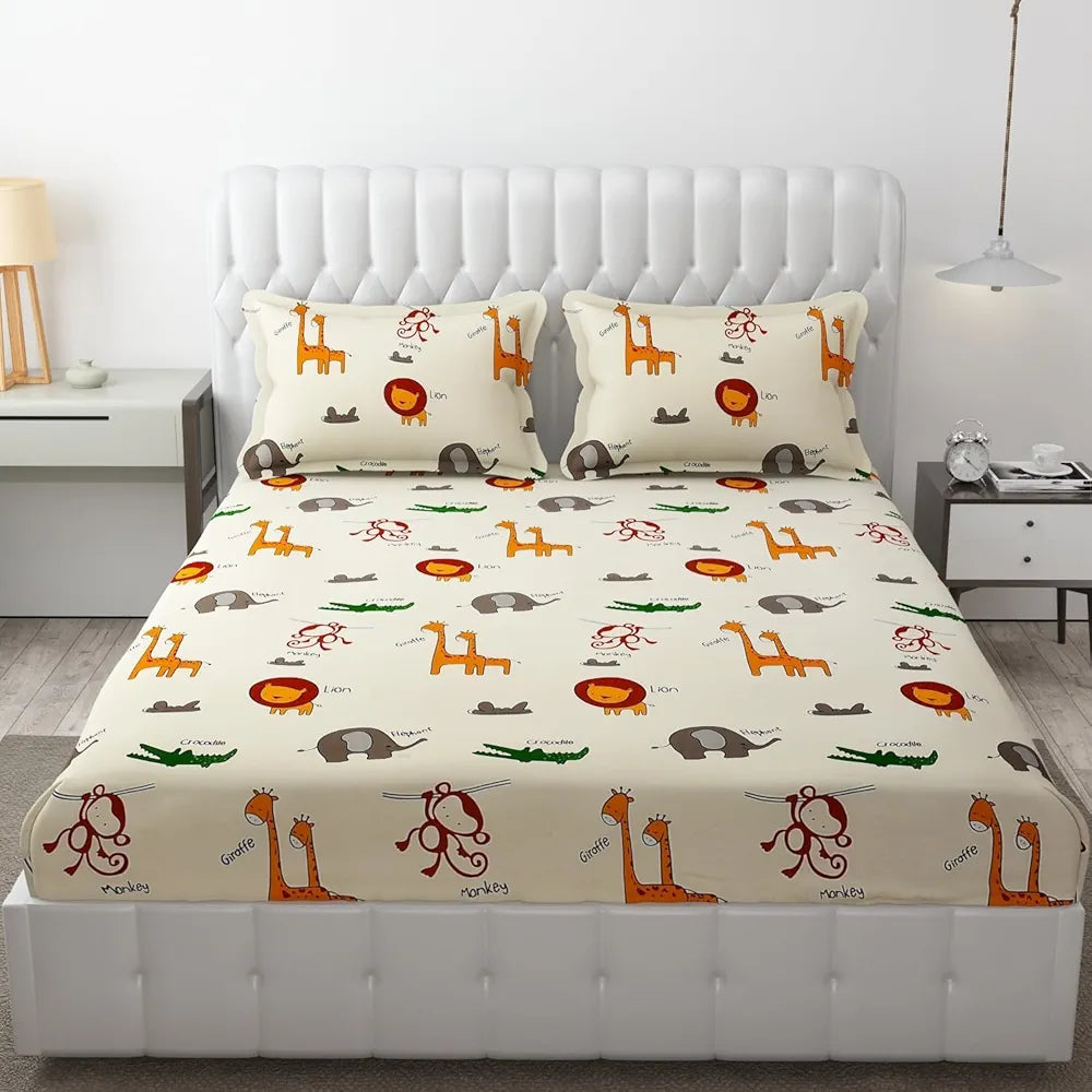 FRESH FROM LOOM Glace Cotton Wrinkle Free Elastic Fitted Bed Sheet with 2 Pillow,Cartoon Printed,Bedsheet for Kids Room ,Cream/Animal),Double Bed,300 TC