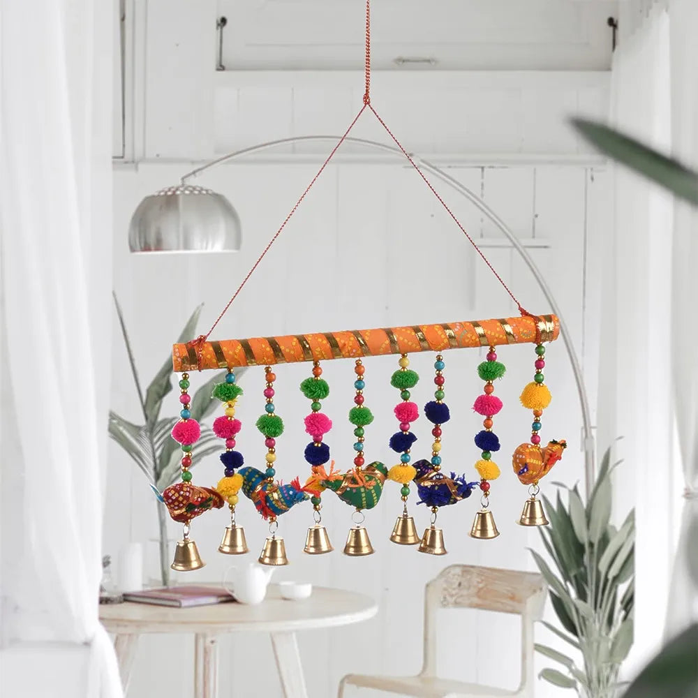 Kuber Industries Rajasthani Traditional Windchimes|5 Hanging Birds with Bamboo|Polyester Handcrafted Latkan|Decorative Door Hanging Latkan 