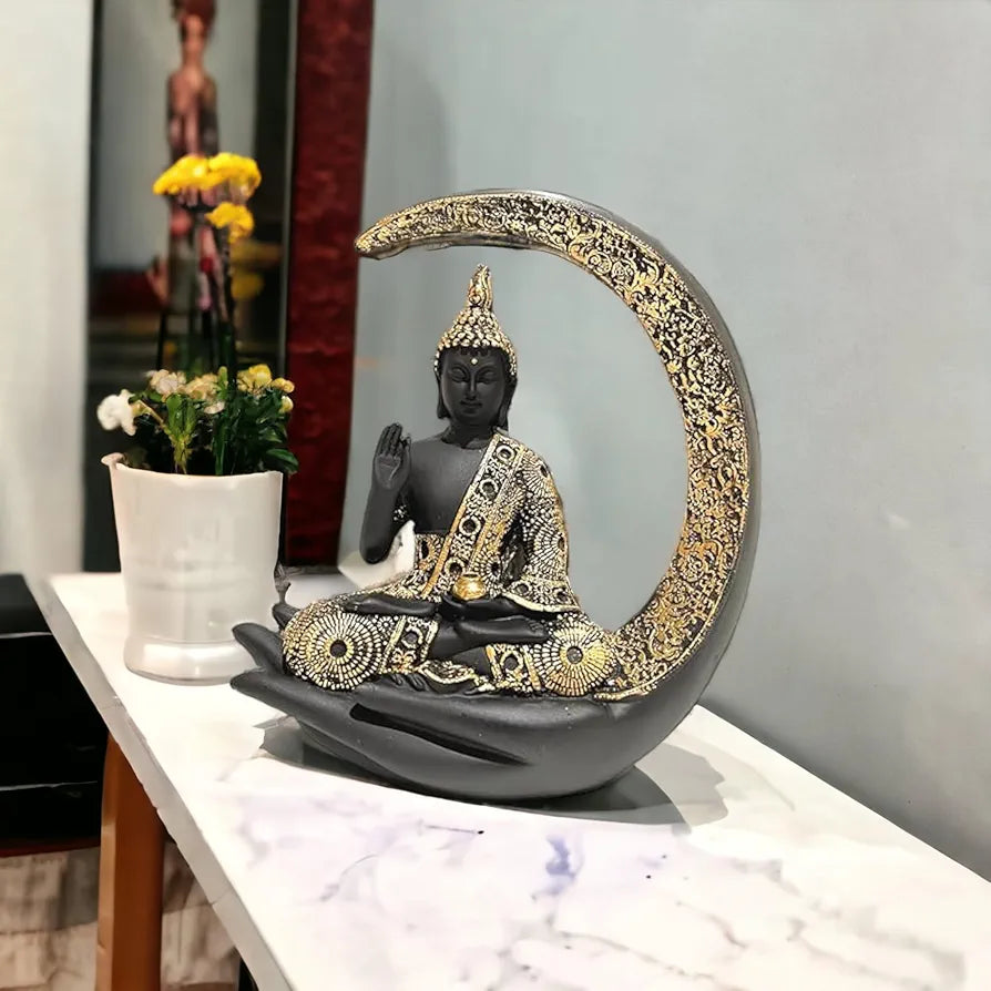 NEELAYA Antique Big Meditating Moon Buddha Statue Showpiece for Home Decor - Living Room - House Warming - Office - Gifting - Buddha Idol Polyresin Decorative Figurine 