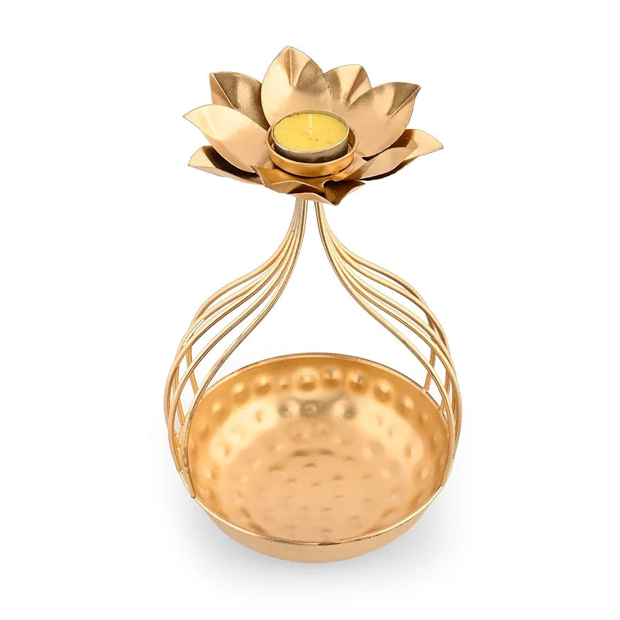 CraftVatika Metal Lotus Tealight Candle Holder for Diwali Decoration Items for Home with Base of Urli Bowl, Diwali Gift Items,- Gold 