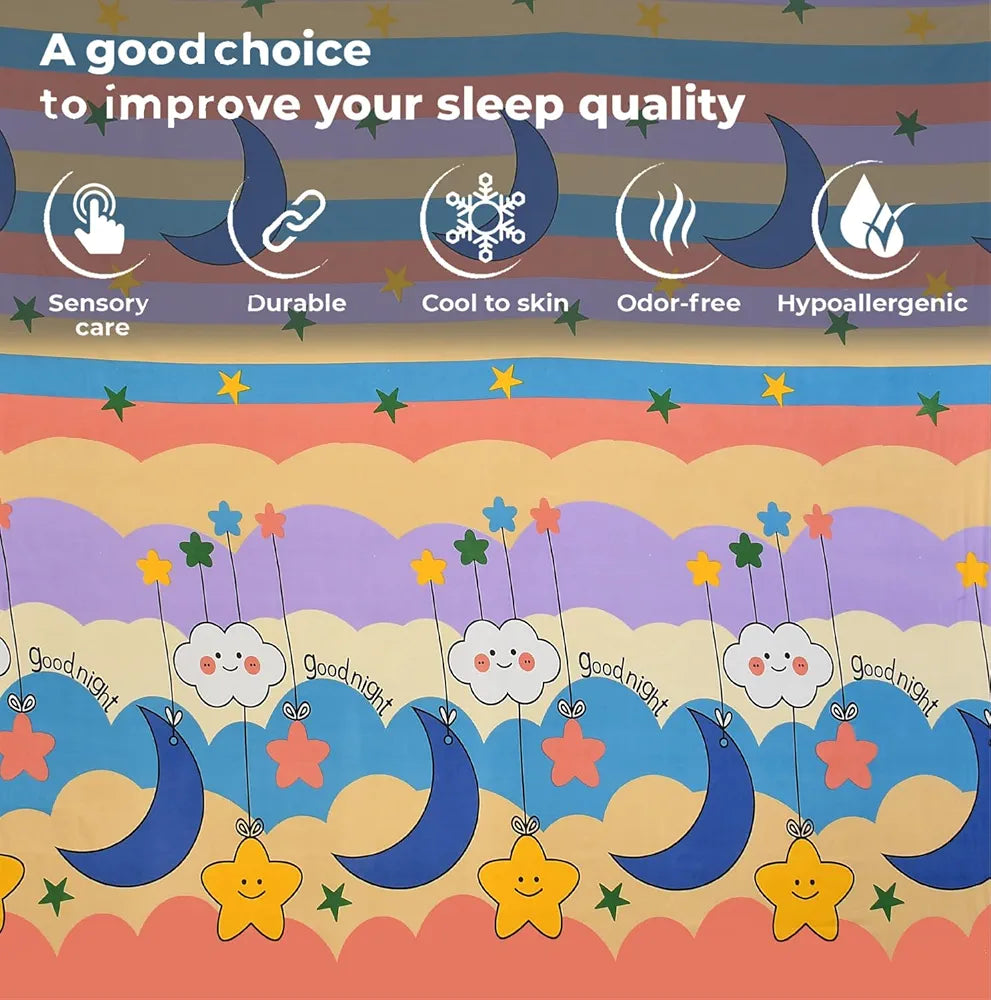 FRESH FROM LOOM Animal 300 TC Wrinkle Free Glace Cotton Elastic Fitted Bedsheet for Kids with Two Pillow Cover |Moon Gud Night), queen, gud night multi color