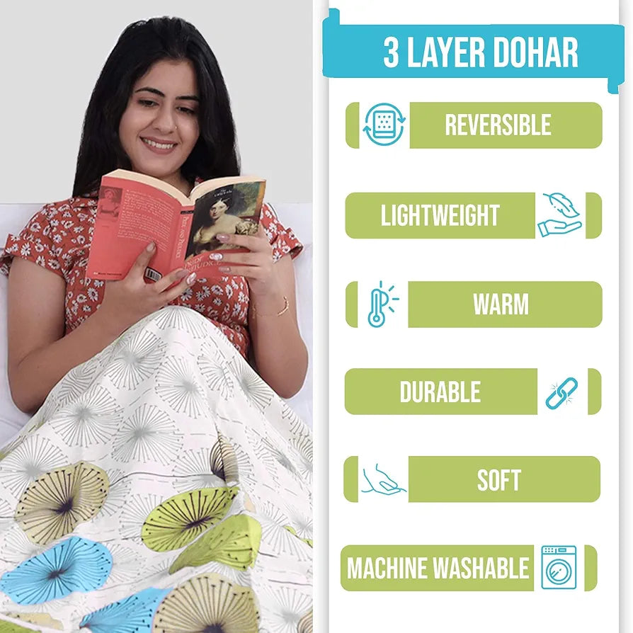 Divine Casa Glace Cotton 120 GSM Reversible Lightweight Printed Single Bed AC Dohar Blanket Quilt - Pink and Turquoise Green| TC - 120