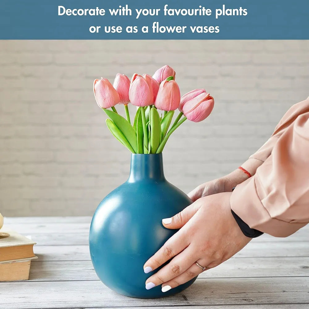 Behoma Metal Flower Vase for Home Decor| Decoration Item for Living Room Office| Table Decorative Flower Pot for Gifting 1Pcs Opal Blue