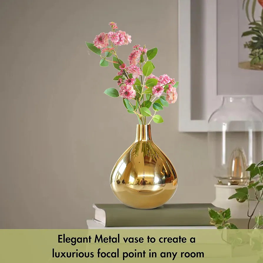 Behoma Metal Golden Flower Vase for Home Decor Bedroom Living Room Office Wedding | Table Decorative Item for Festivals Birthday Gold Tall Vase 