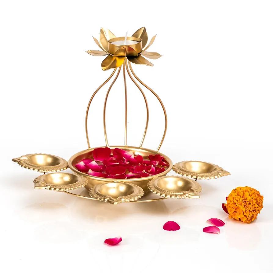 CraftVatika Metal Lotus Tealight Candle Holder for Diwali Decoration Items with Base of Urli Bowl and Diya - Gold , Diwali Gift Items