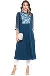 Janasya Women's Turquoise Blue Poly Crepe Floral Print A-line Kurta