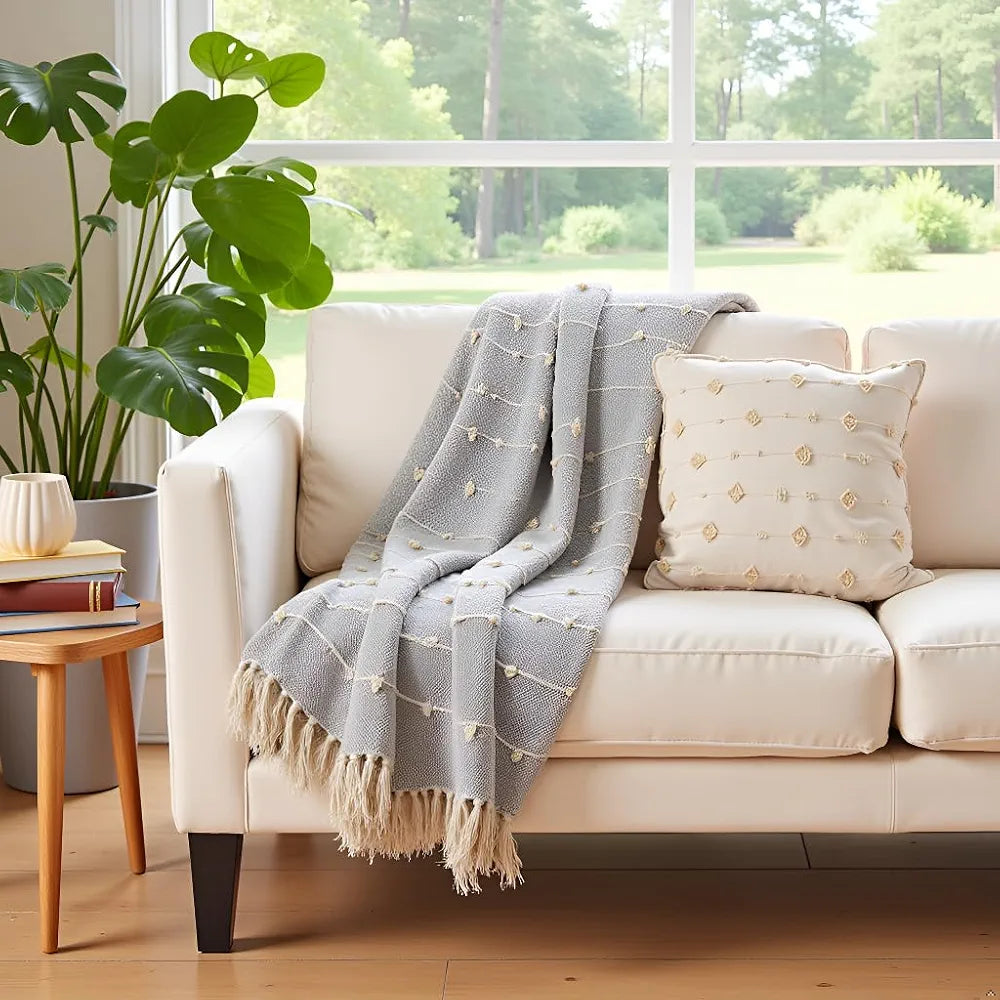 SAJAVAT HOME Hand-Knitted Pure Cotton Sofa Throw | 80x52 Inches/204x132 Cm | Smoke Grey Throw for Sofa, Bed, Chair & Travel - Ideal for All Season | Pack of 1