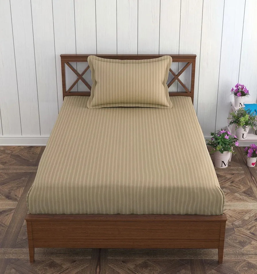 Trance Home Linen Cotton 78X36 Inch Single Fitted 200TC Satin Stripe Elastic Fitted Bedsheet| Bed Size Daily Use Fitted Bedspread With 1 Pillow Covers ,Small_Single
