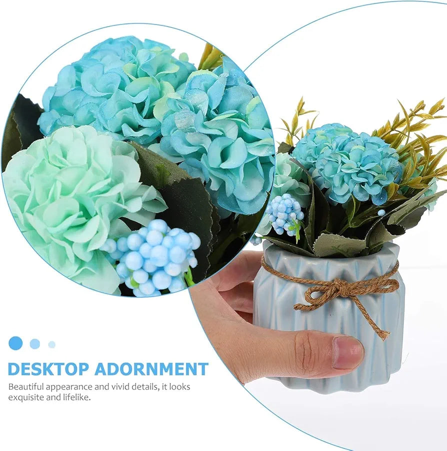HOME ELEMENTS 1 Pc Artificial Flower with Ceramic Vase for Home Decor Hydrangea Bouquet Fake Flower Arrangements for Living Room Tabletop Showpiece Bedroom Office Desk Artificial Flower Plants 