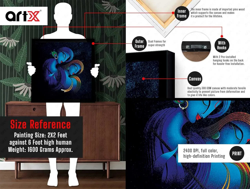 ArtX Radha Krishna Eternal Love Abstract Big Canvas Painting For Living Room With Frame, Multicolour, Square, 24.0 x 24.0 inch, 2x2 Feet, Set Of 1