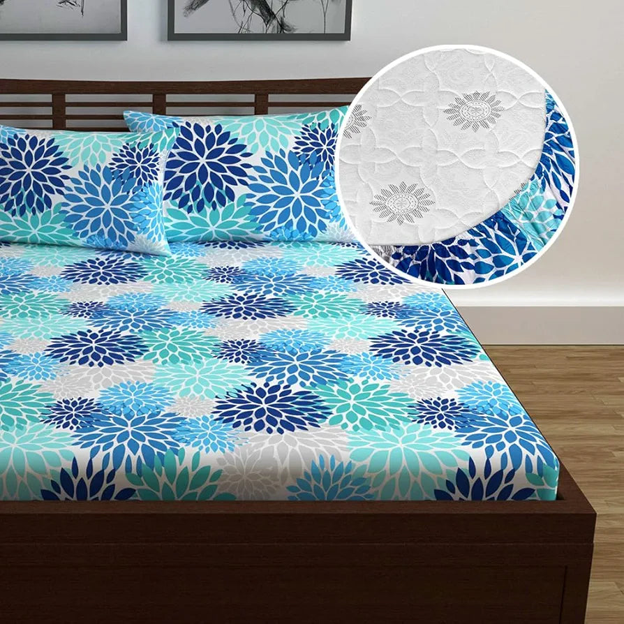 Divine Casa 144 TC Cotton Flower Print Queen Size Double Bed Elastic Fitted Bedsheet with 2 Pillow Cover 