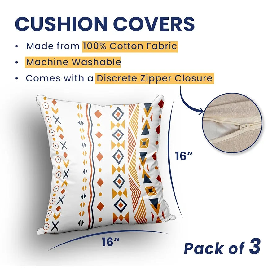 Urban Space Decorative Cotton Cushion Cover Set of 3, 16 inch x 16 inch Cushion Covers for Sofa, Bedroom, Living Room 