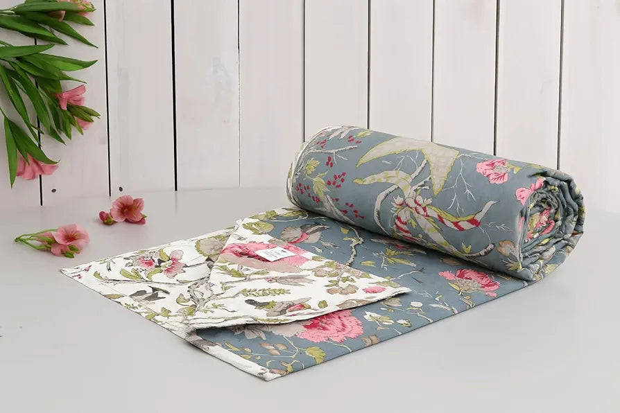 Trance Home Linen 100% Cotton Reversible Dohar Double Bed Size | Jaipuri Printed Artisan Block Design Blanket | Soft Lightweight Ac Comforter Quilt 