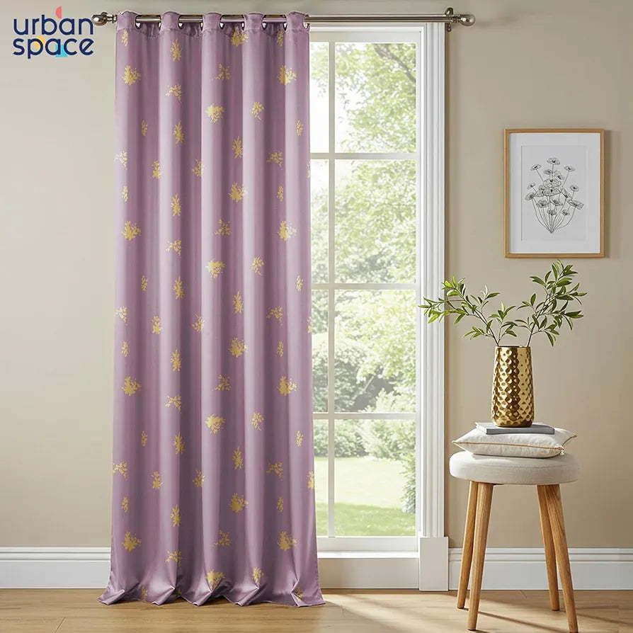 Urban Space Blackout Curtains for Living Room, Gold Foil Printed Luxurious 100% Blackout Decorative Door Curtain Eyelet with Tieback, 1 Piece 