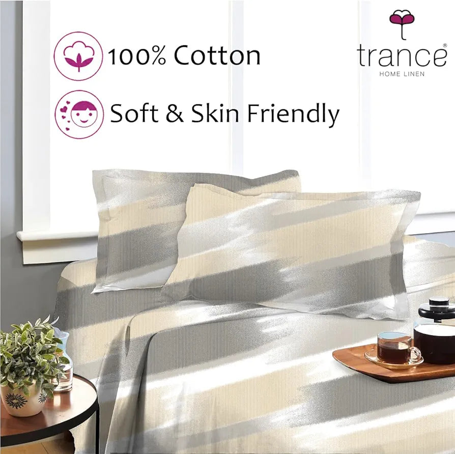 Trance Home Linen Skin Friendly 100% Cotton Printed Fitted Bedsheet for Queen Size Bed with 2 Pillow Cover - Premium 180TC 