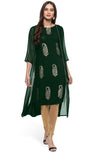 Janasya Women's Bottle Green Crepe Foil Print A-Line Kurta