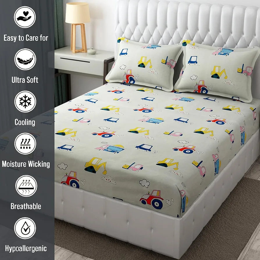 FRESH FROM LOOM Glace Cotton Wrinkle Free Soft Hypoallergenic Bed Sheet With 2 Pillow Cover | Cartoon Printed | Double Bed King Size Kids Bedsheet For Boys & Girls Room , 144 tc