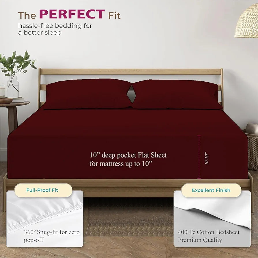 Trance Home Linen 100% Cotton 78x72 inch King Elastic Fitted Bedsheet | 400 Thread Count Premium Hotel Quality Fitted Plain Elastic Bedsheet with 2 Pillow Covers 