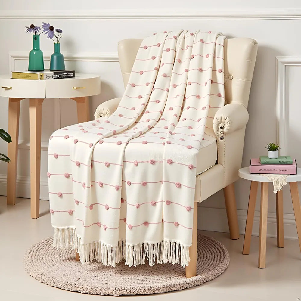 SAJAVAT HOME Hand-Knitted Pure Cotton 3 Seater Sofa Throw | 80x52 Inches/204x132 Cm | Beige & Summer Pink Throw for Sofa, Bed, Chair & Travel - Ideal for All Season | Pack of 1