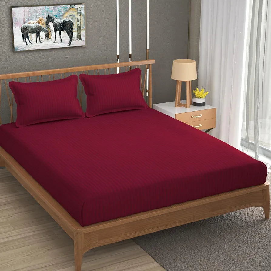 Homefab India 160 TC Stripe Cotton Feel Glace Cotton Elastic Fitted King Size Double Bed Bedsheet with 2 Pillow Covers Fits Upto 6 inches Mattress, Size-72X78 inches, Maroon