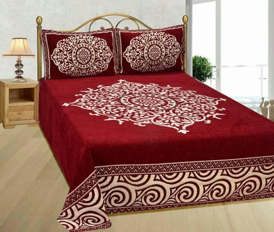 Fresh From Loom Chenille Velvet Floral 500 TC Heavy Bedsheet for Double Bed King Size - 90 x 100 inch Maroon Color with 2 Pillow Covers