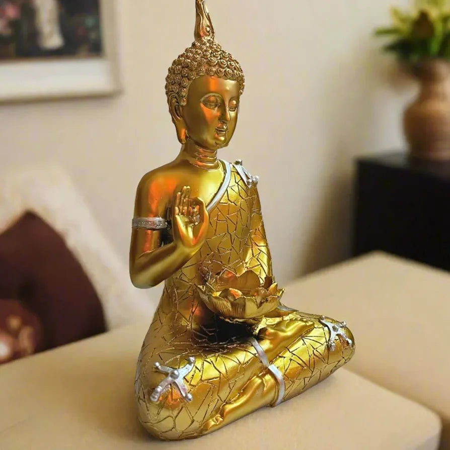ALILA Golden Meditating Buddha Statue Idol for Home Living Room Decor Office Corporate Gift, 9 Inches