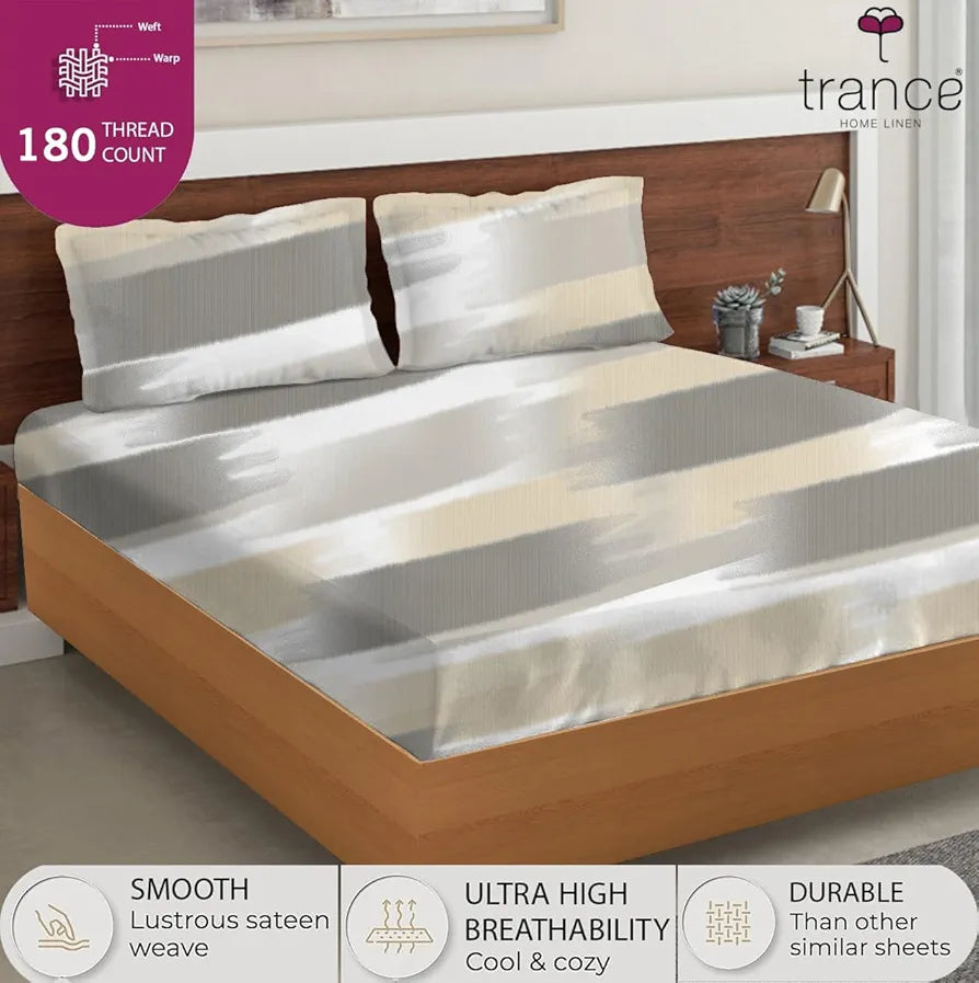 Trance Home Linen Skin Friendly 100% Cotton Printed Fitted Bedsheet for Queen Size Bed with 2 Pillow Cover - Premium 180TC 