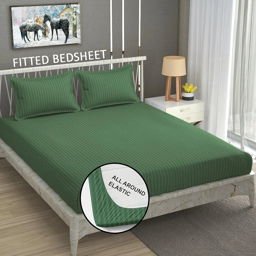 Homefab India 160 TC Stripe Cotton Feel Glace Cotton Elastic Fitted King Size Double Bed Bedsheet with 2 Pillow Covers Fits Upto 6 inches Mattress, Size-72X78 inches, Dark Green