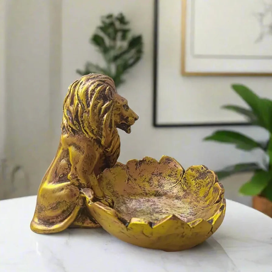 ALILA Lion Babbar Sher Bowl Tray Statue Showpiece Idol for Gifting & Home Table Living Room Decor Decoration, Golden 