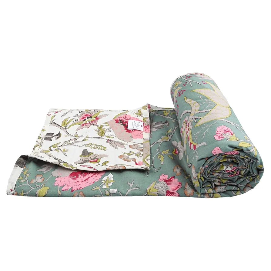 Trance Home Linen 100% Cotton Reversible Dohar Double Bed Size | Jaipuri Printed Artisan Block Design Blanket | Soft Lightweight Ac Comforter Quilt 