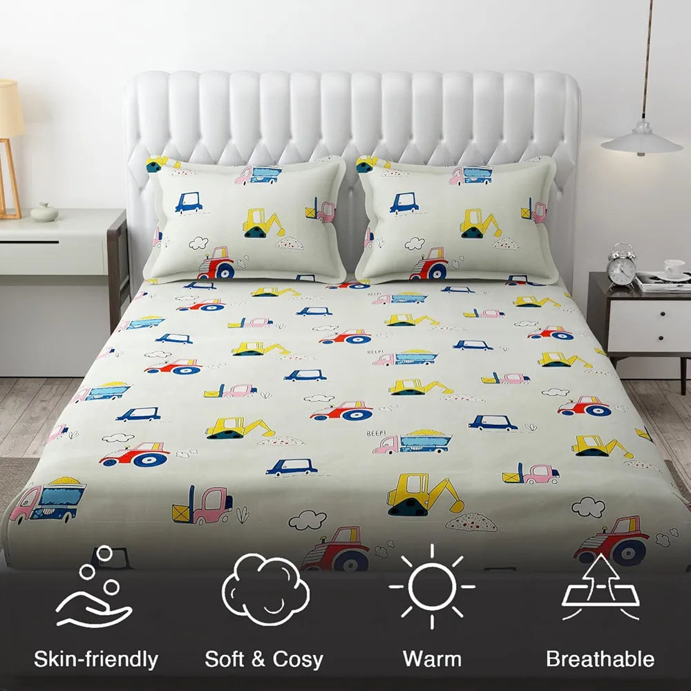 FRESH FROM LOOM Glace Cotton Wrinkle Free Soft Hypoallergenic Elastic Fitted Bed Sheet with 2 Pillow Cover | Cartoon Printed  | Cream), Double Bed, 300 TC