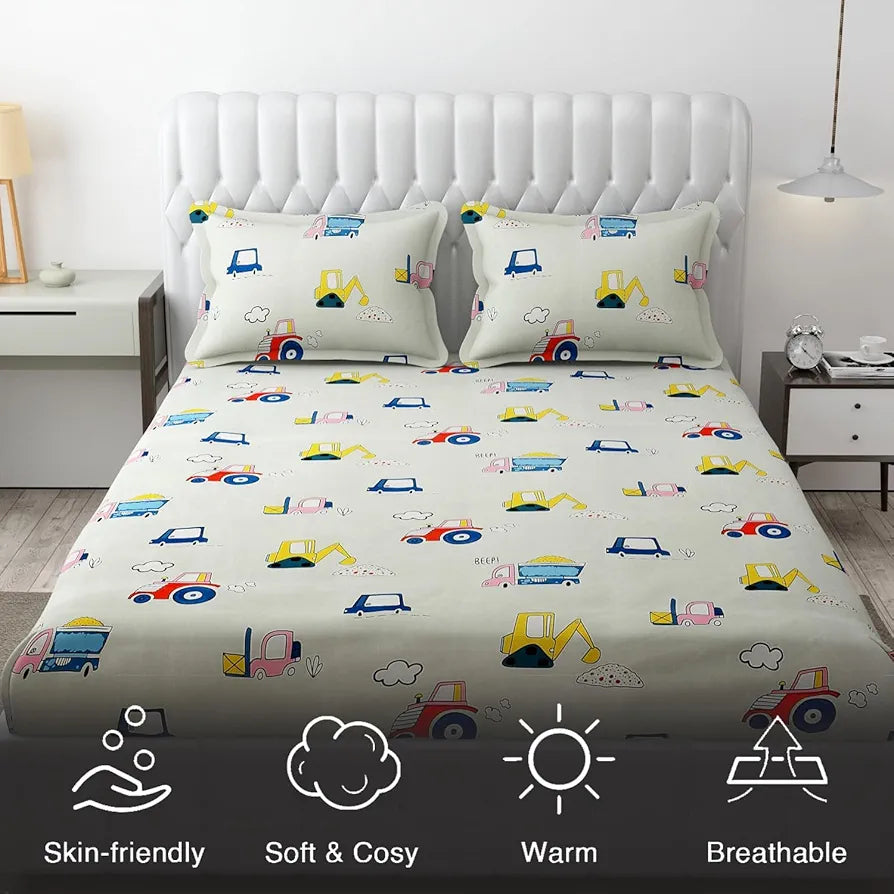 FRESH FROM LOOM Glace Cotton Wrinkle Free Soft Hypoallergenic Bed Sheet With 2 Pillow Cover | Cartoon Printed | Double Bed King Size Kids Bedsheet For Boys & Girls Room , 144 tc