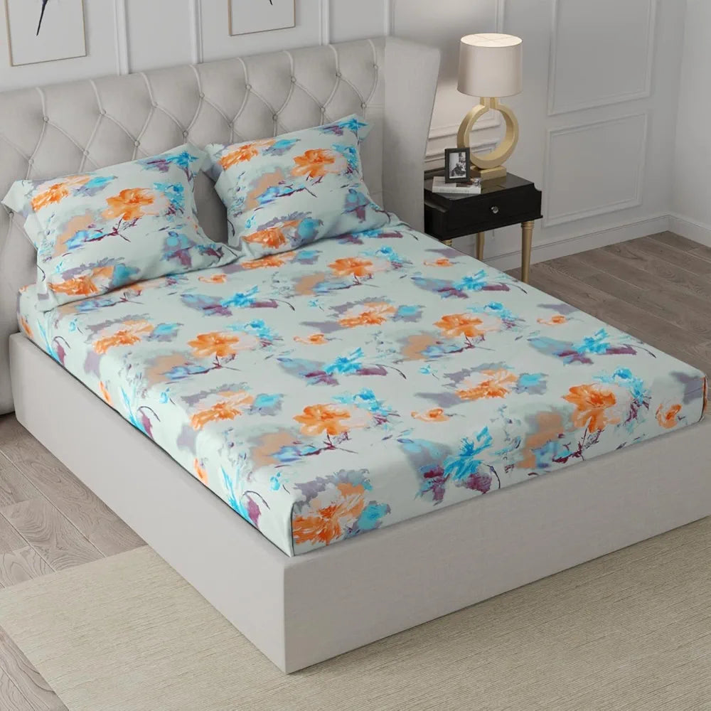 Cloth Fusion Glace Cotton Elastic Fitted Bedsheet for Double Bed King Size with 2 Pillow Covers, Soft Wrinkle Free Elastic Bedsheets for King Size Bed 