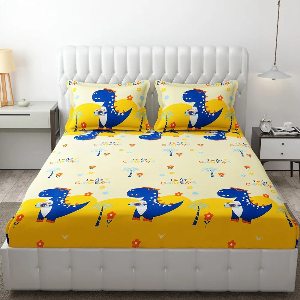 FRESH FROM LOOM Glace Cotton Wrinkle Free Soft Hypoallergenic Elastic Fitted Bed Sheet|Cartoon Printed|Bedsheet For Kids Room|Dino),144 Tc,Multicolor,Double Bed