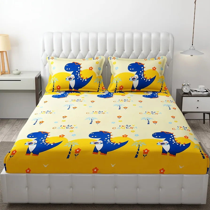 FRESH FROM LOOM Glace Cotton Wrinkle Free Soft Hypoallergenic Bed Sheet | Cartoon Printed | Double Bed King Size Bedsheet for Kids Room Boys Girls , Multicolor, 144 TC