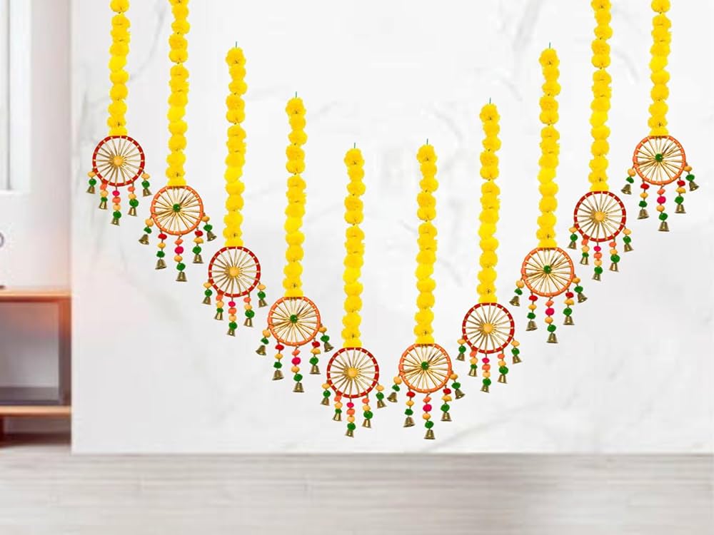 DRYPHON Artificial Marigold Flowers With Pom Pom Ring Bell Hanging Garlands for Home Decoration, Diwali, Wedding, Puja 