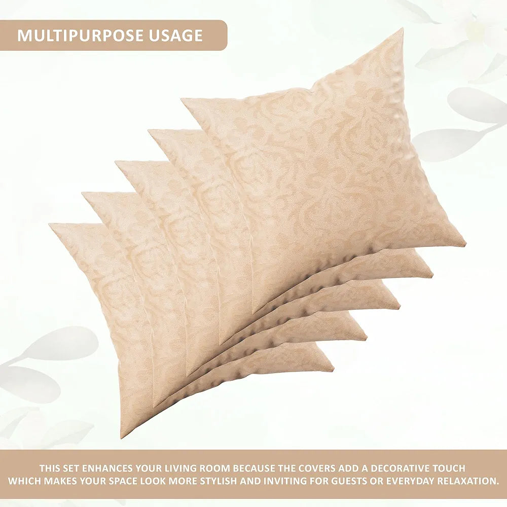 Kuber Industries Set of 5  Washable & Removable Velvet Sofa Pillow Covers with Zip | Soft Sofa Cushion Covers for Home & Bedroom Interiors | Floral Design - Beige