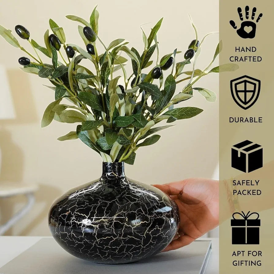 Behoma Metal Flower Vase for Home Decor Bedroom Living Room Office Wedding | Table Decorative Item for Festivals Birthday Crackle Finish Wide Vase 