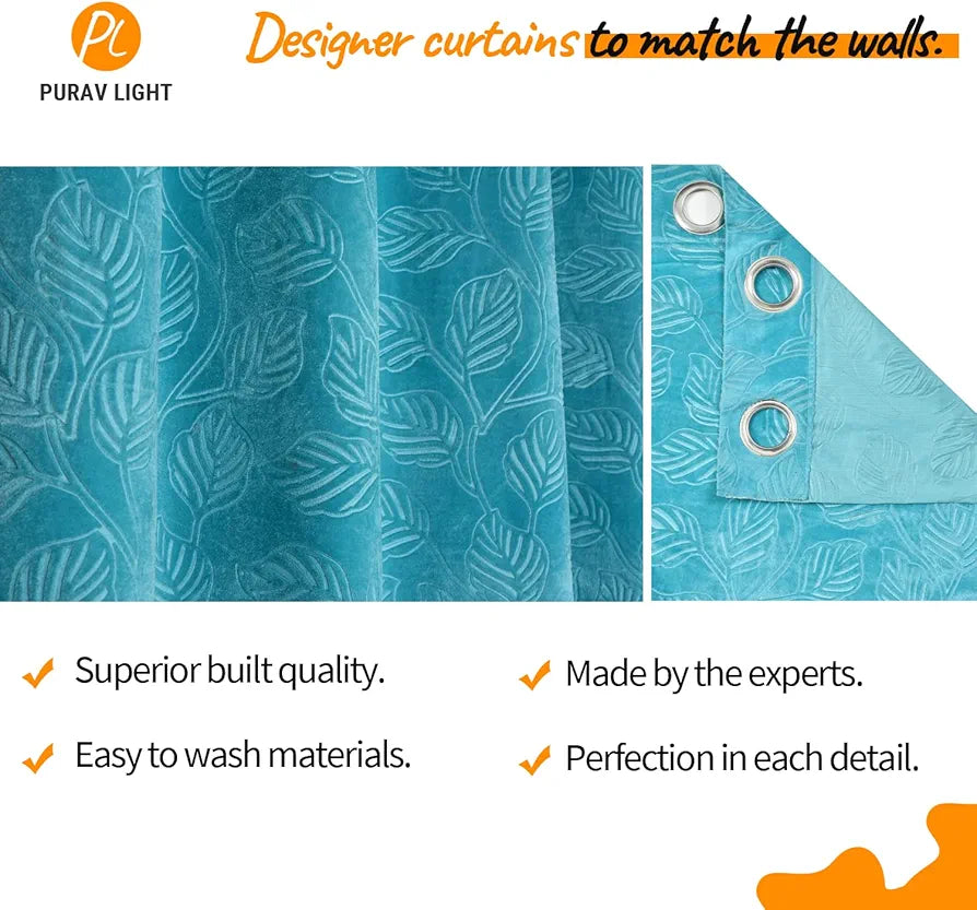 Leaf Velvet Room Darkening Door Curtains 7 feet Long for Living Room Bedroom Hall Room, Aqua Firozi, Set of 1