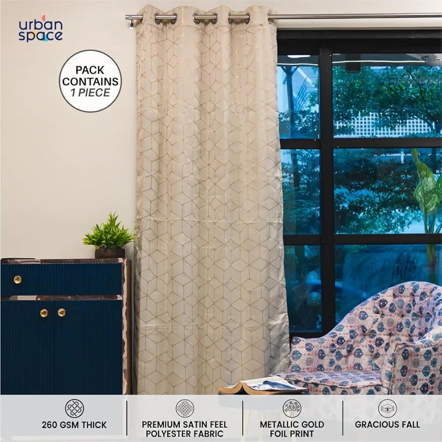 Urban Space Blackout Curtain for Living Room, Gold Foil Printed 80-85% Blackout Decorative Curtain, Eyelet with Tieback Curtains for Home Decor, 1 Piece 